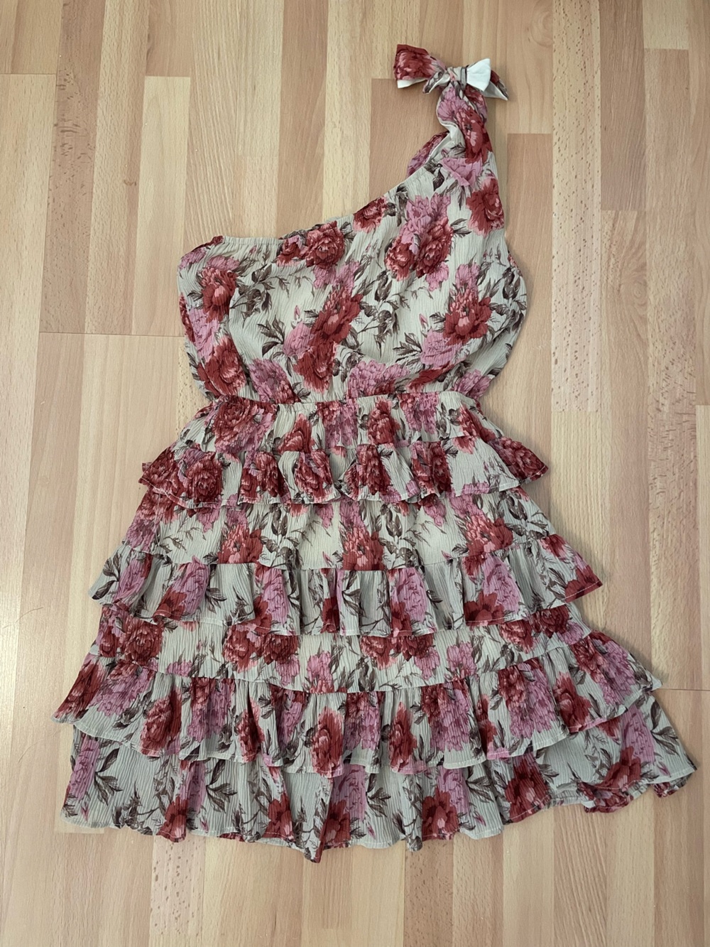 One Shoulder Floral Ruffle Tiered Women’s Dress - Pink, Cream & Red